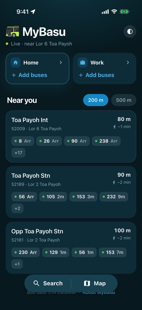 The home screen with stops near you