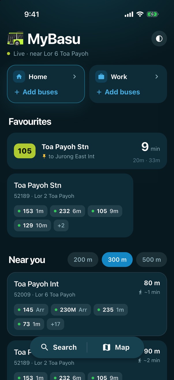 The home screen with the Home and Work tiles