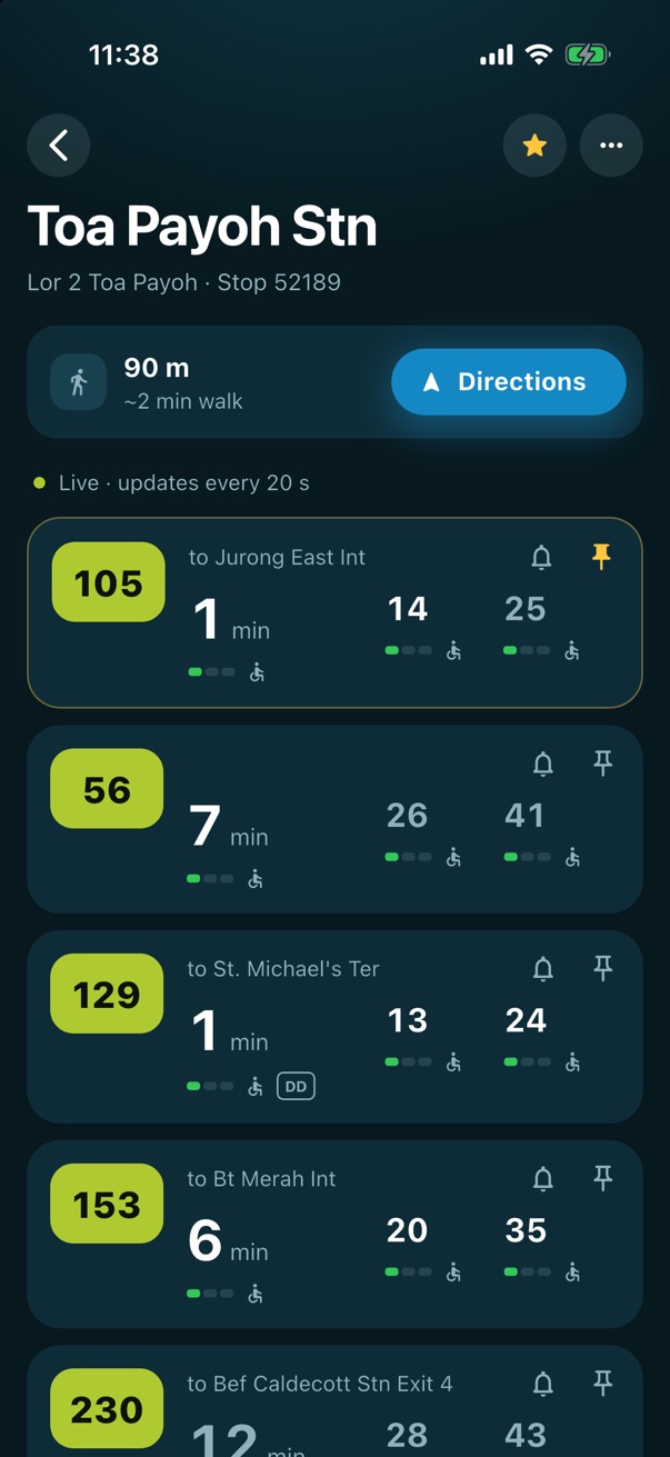 A stop's bus times with a bell on each bus
